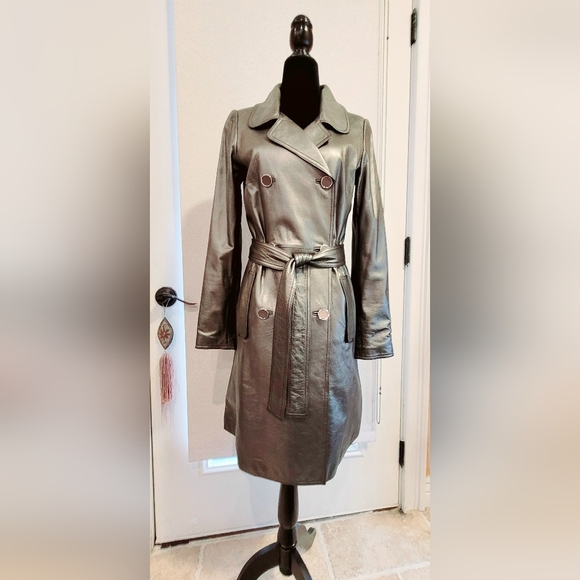 Elie Tahari Leather Coat, Unique, Pewter, Gunmetal Metallic, Silver Colors. XS. - Picture 8 of 11